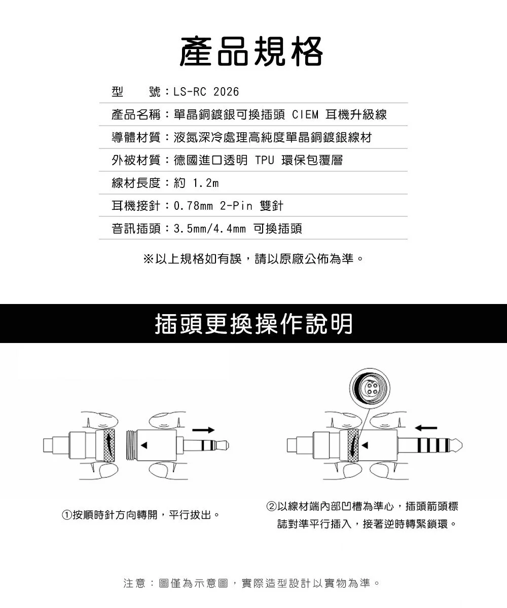 【FIIO LS-RC】單晶銅鍍銀可換插頭 CIEM 耳機升級線(2026版)