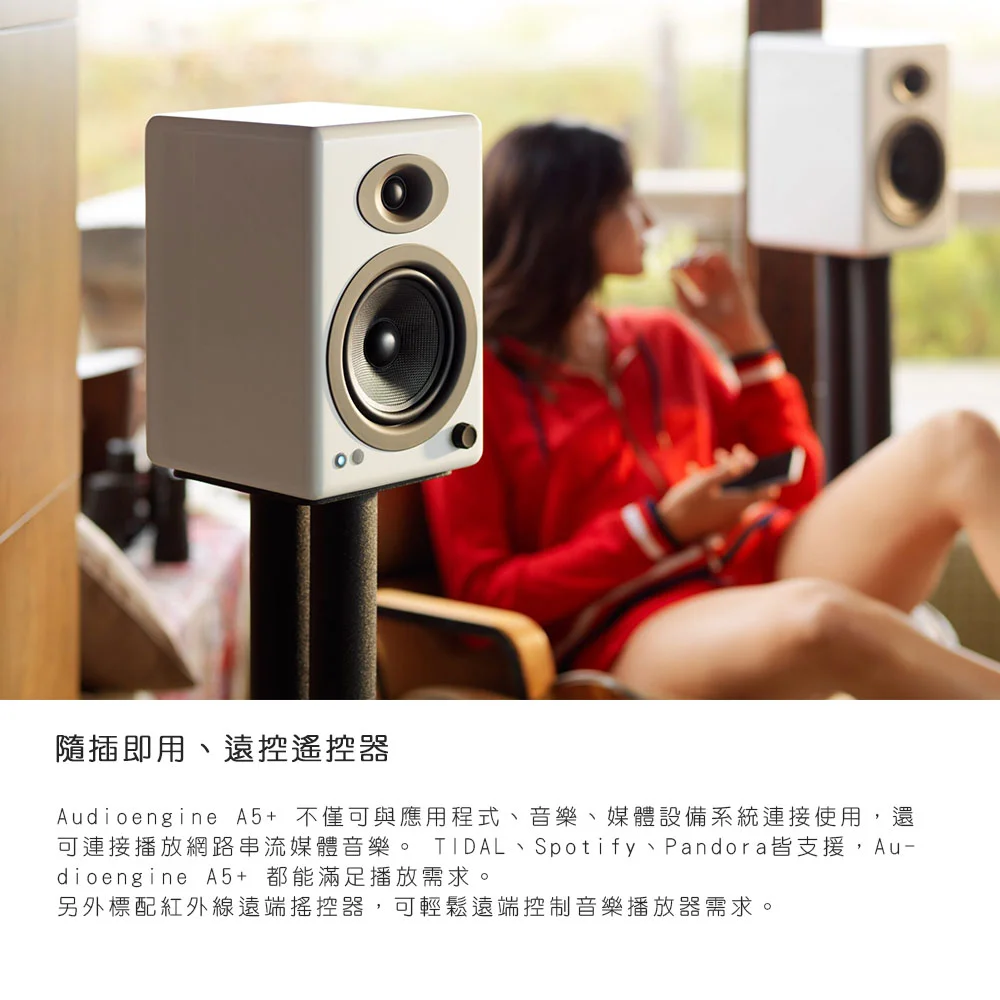 Audioengine A5+ 主動式立體聲藍牙書架喇叭  ● 美國品牌 ● 台灣官方總代理 ● 藍牙5.0支援aptX HD無線傳輸 ● 3.5mm立體聲/RCA/藍牙5.0輸入 ● 輸出最高可達75W功率 ● 可連接電腦、手機、平板、唱片機等使用 ● BSMI：R41291 ● NCC：CCAJ24LP9670T6