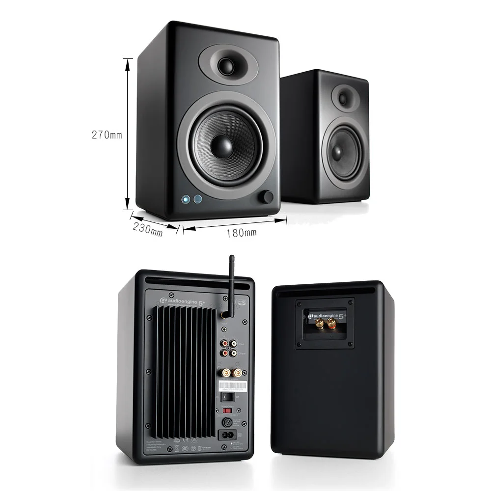 Audioengine A5+ 主動式立體聲藍牙書架喇叭  ● 美國品牌 ● 台灣官方總代理 ● 藍牙5.0支援aptX HD無線傳輸 ● 3.5mm立體聲/RCA/藍牙5.0輸入 ● 輸出最高可達75W功率 ● 可連接電腦、手機、平板、唱片機等使用 ● BSMI：R41291 ● NCC：CCAJ24LP9670T6