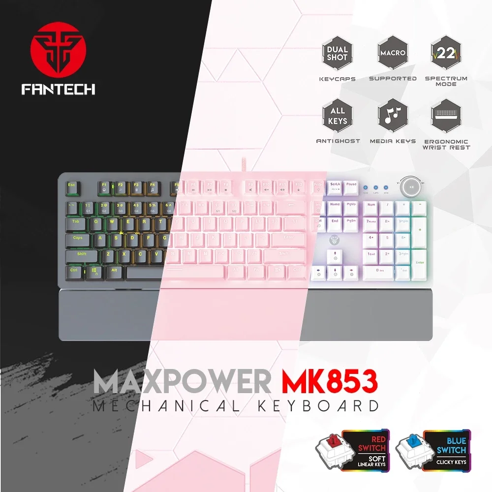 【FANTECH MK853】青軸／紅軸／機械式鍵盤／RGB燈效／電腦鍵盤／電競鍵盤／可拆卸手腕托／本店熱銷款