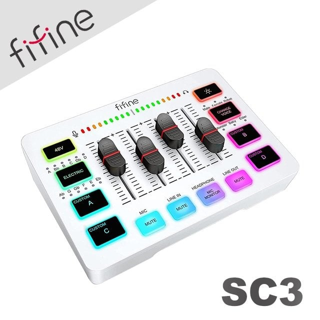 【FIFINE SC3 RGB音訊混音器USB直播聲卡(黑/白)】12個電子音階/變聲特效/獨立音量控制介面/一鍵式靜音