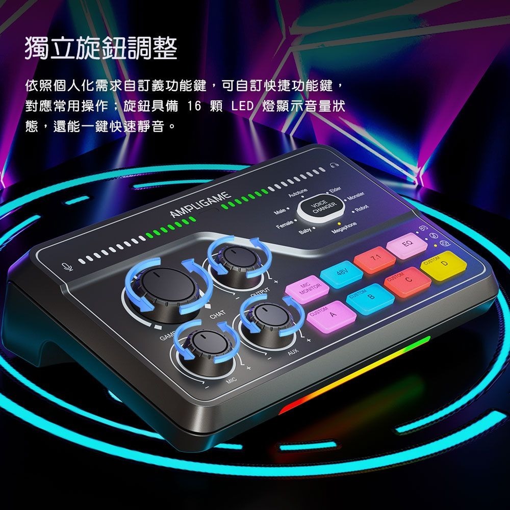 【FIFINE SC8 RGB音訊混音器USB直播聲卡】 支援切換電容.動圈式麥克風/手機.電腦模式/7.1虛擬環繞音效