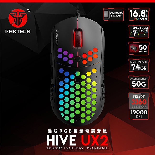 【FANTECH 台灣】UX2 電競滑鼠 七檔變速/最高12000dpi/6個自定按鍵/RGB燈效/鏤空蜂巢設計 【FANTECH 台灣】UX2 電競滑鼠 七檔變速/最高12000dpi/6個自定按鍵/RGB燈效/鏤空蜂巢設計