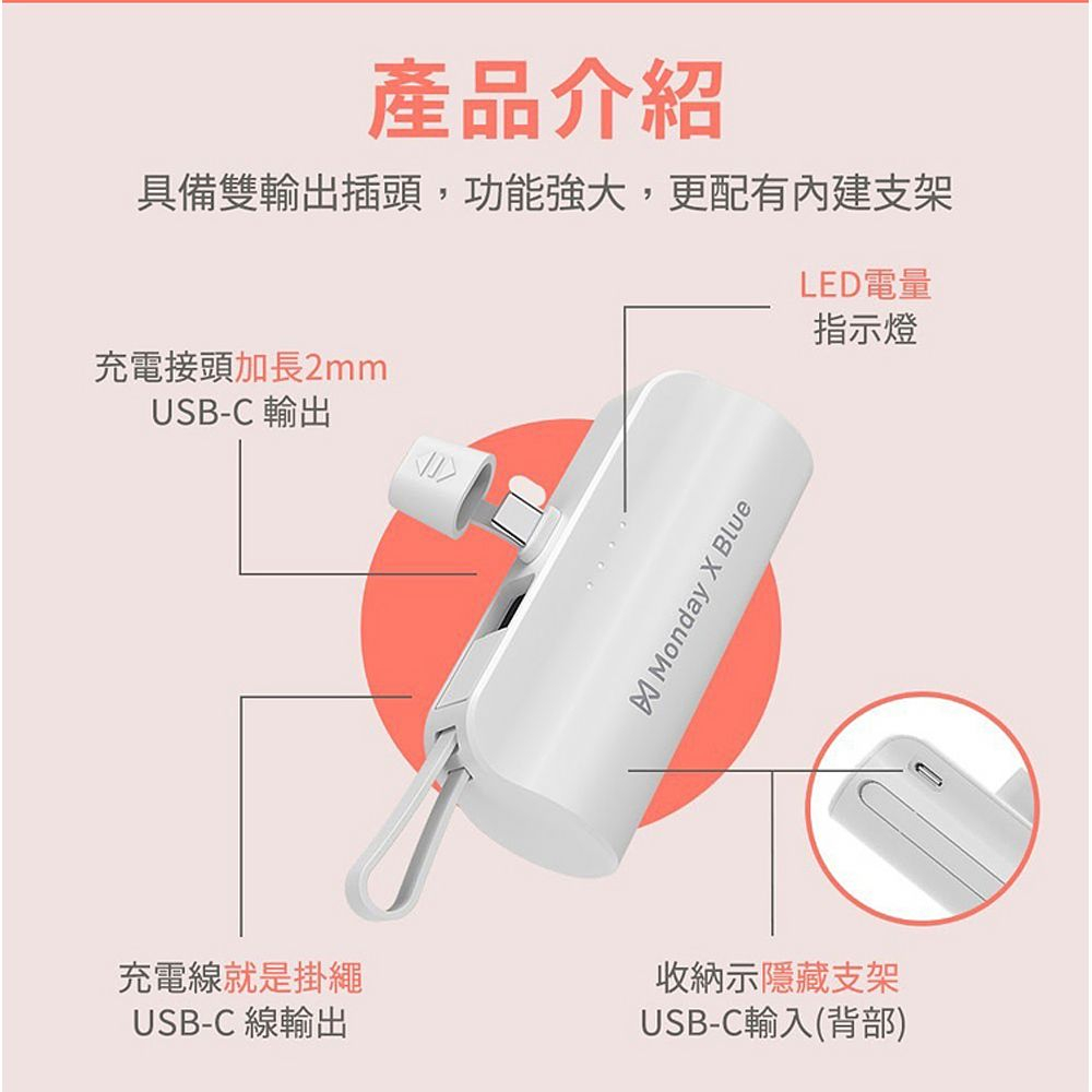 【Monday X Blue】 膠囊行動電源直插式口袋行動電源-4900mAh